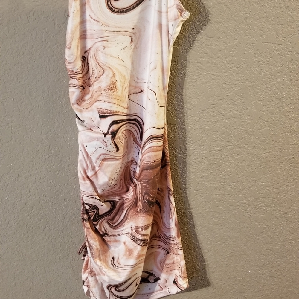 Shein Girls Sleeveless Dress Cream/Beige/Brown Marbled Print Ruching Size 10-11Y